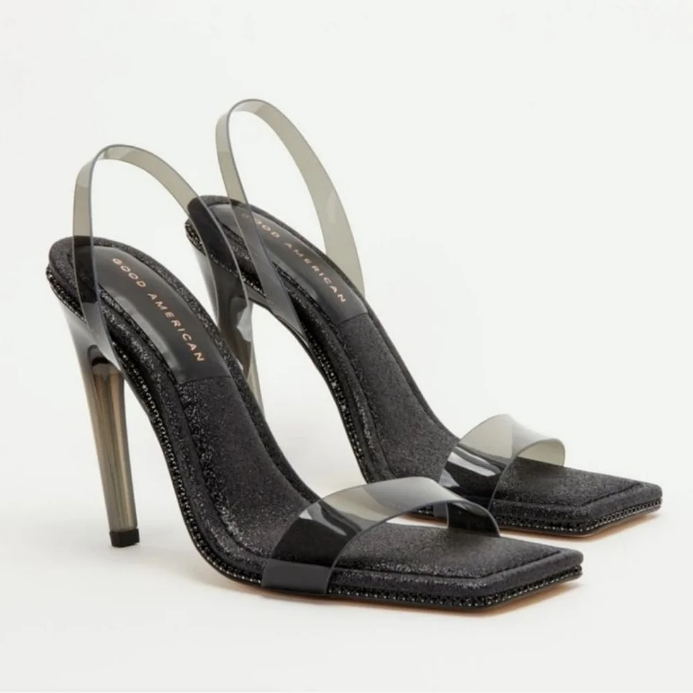 GOOD AMERICAN - Black Glitter - Crystal Crush Lucite Sandal - Black - Size 8